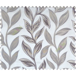 Big beige dark brown leaves on stem with embossed look on half white cream shiny fabric main curtain